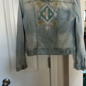 LuLaRoe Light Blue Denim Jacket with Geometric Embroidery